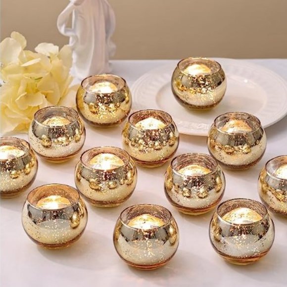 Set of 12 - Gold Mercury Glass Tealights / Votive Candle Holders - Centerpiece - Picture 1 of 10